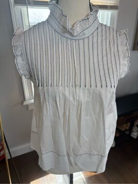 Women’s White Ruffled Mock Neck Blouse with Pinstripes NWOT SIZE Small